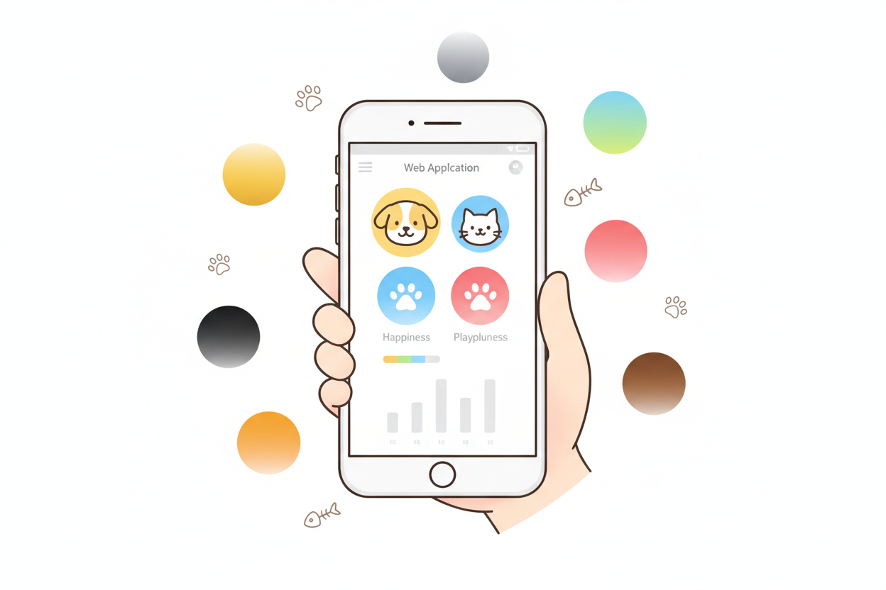 オプションで愛犬用Webアプリカラー変更するショッピングタイトル画像を文字なしで、イラスト・アニメ風画像で制作してください。シンプルな画像が良いです。カラーは、ゴールド、プラチナ、ブラック、ブルー、ピンク、グリーン、オレンジ、ブラウンの中より、お客様が選び、ＷＥＢページのＣＳＳを変更するオプションです。統一感があり可愛く仕上げてください。